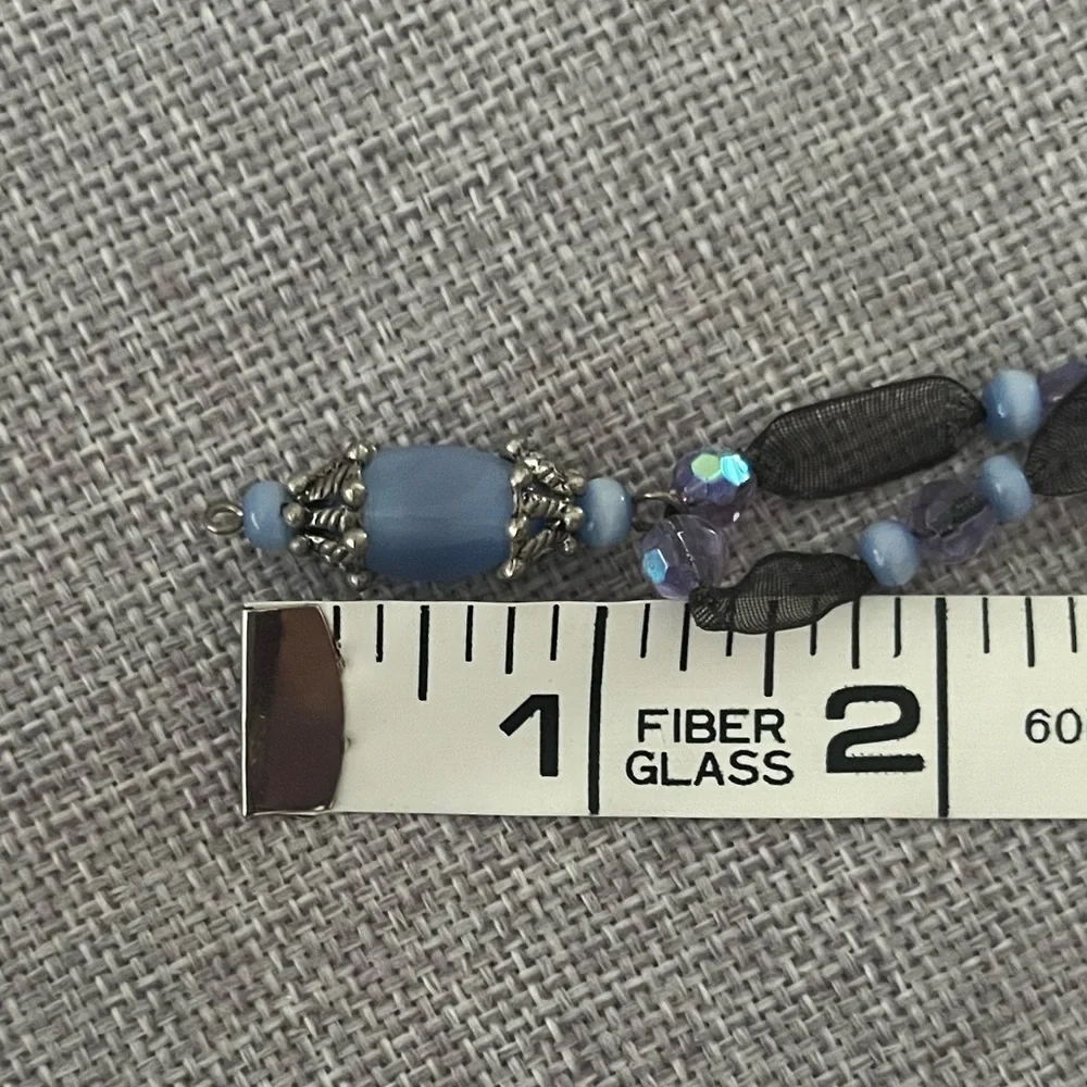Blue Glass Bead & Ribbon Pendant Necklace